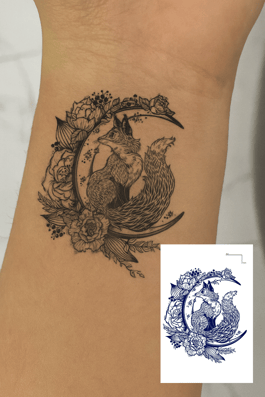 Tilki Ve Çiçek Figürlü 12 Saat Sonra Kararan Geçici Mini Dövme Tattoo