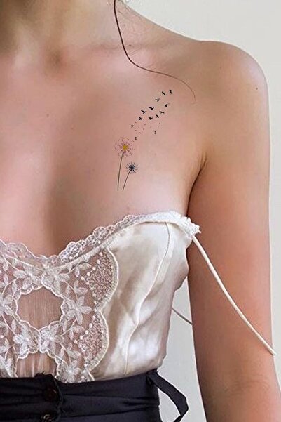 Renkli Karahindiba Ve Kuş Göğüs Geçici Dövme Tattoo