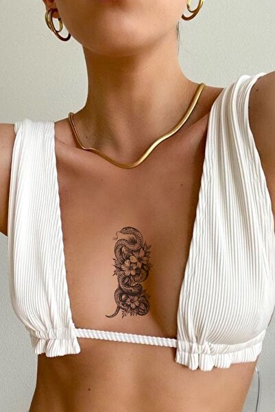 Yılan Ve Gül Snake And Rose Göğüs Arası Geçici Dövme Tattoo