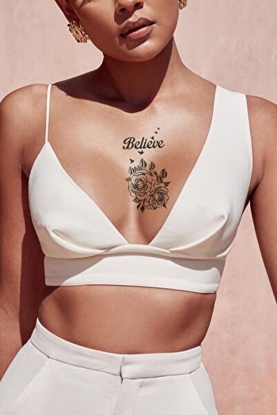 Believe Rose Inanç Gül Göğüs Arası Geçici Dövme Tattoo