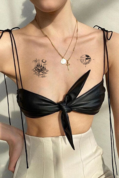 Şato ve Pusula Omuz Geçici Dövme Tattoo