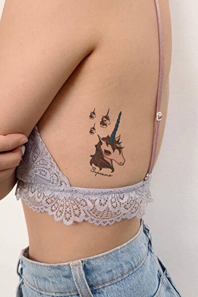 Renkli Unicorn Boynuzlu At Sırt Geçici Dövme