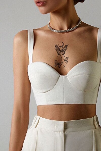 Hilal Ve Kelebek Göğüs Arası Geçici Dövme Tattoo