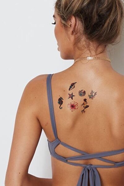 Renkli Deniz Kızı - Deniz Atı - Deniz Kabuğu Sırt Geçici Dövme Tattoo