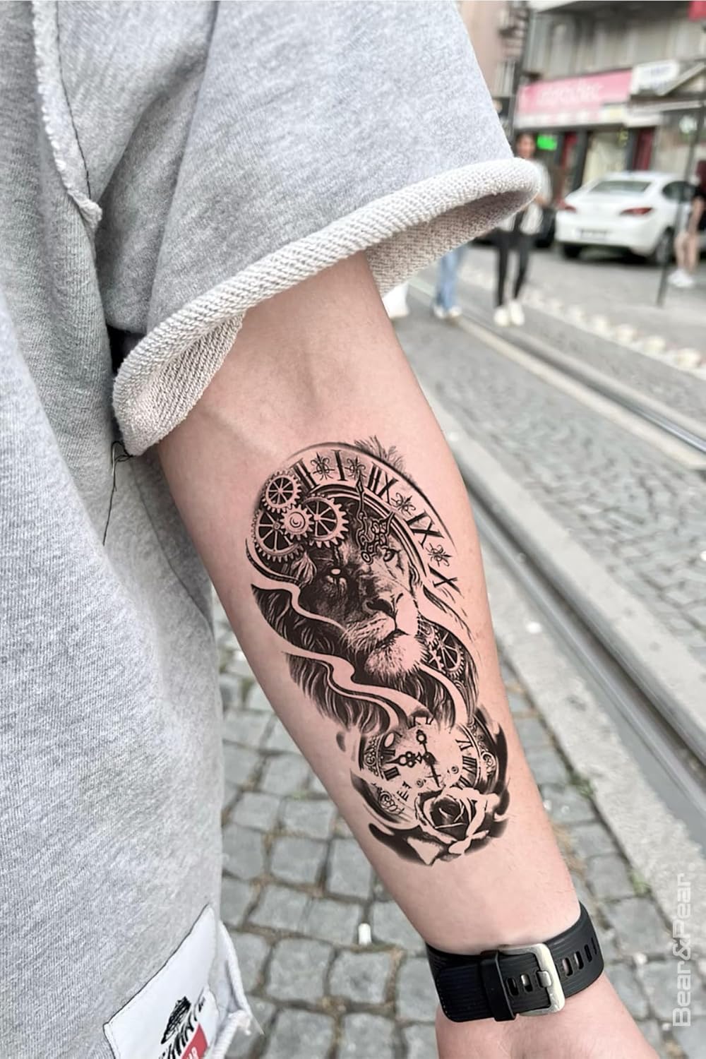 Aslan Dövmesi, Saat Figürlü Geçici Dövme, Tattoo, Erkek Geçici Dövme, Kol Dövmesi, Vücut Dövmesi, Su Transferli Modern Dövmeler