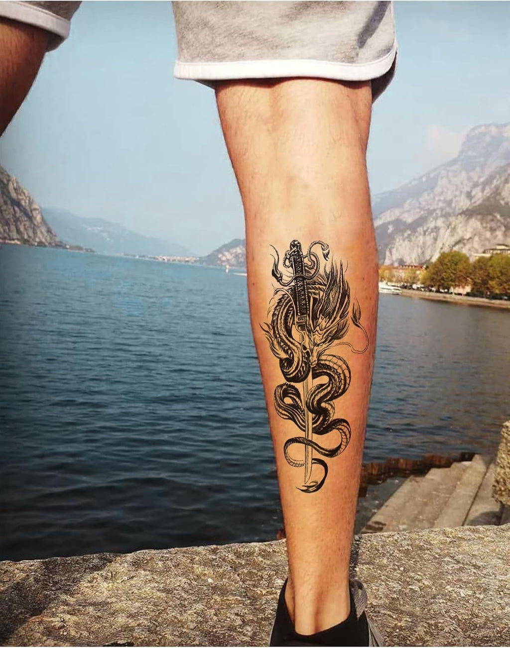 Samurai, Ejderha Ve Katana Dövmesi, Geçici Dövme, Unisex Tattoo, Vücut Dövmesi