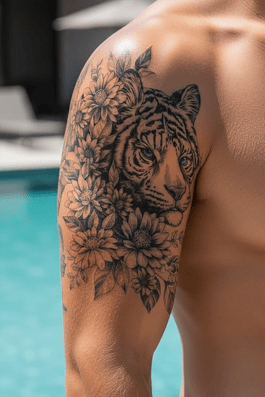 Kaplan Ve Çiçek Figürlü Geçici Dövme Tattoo